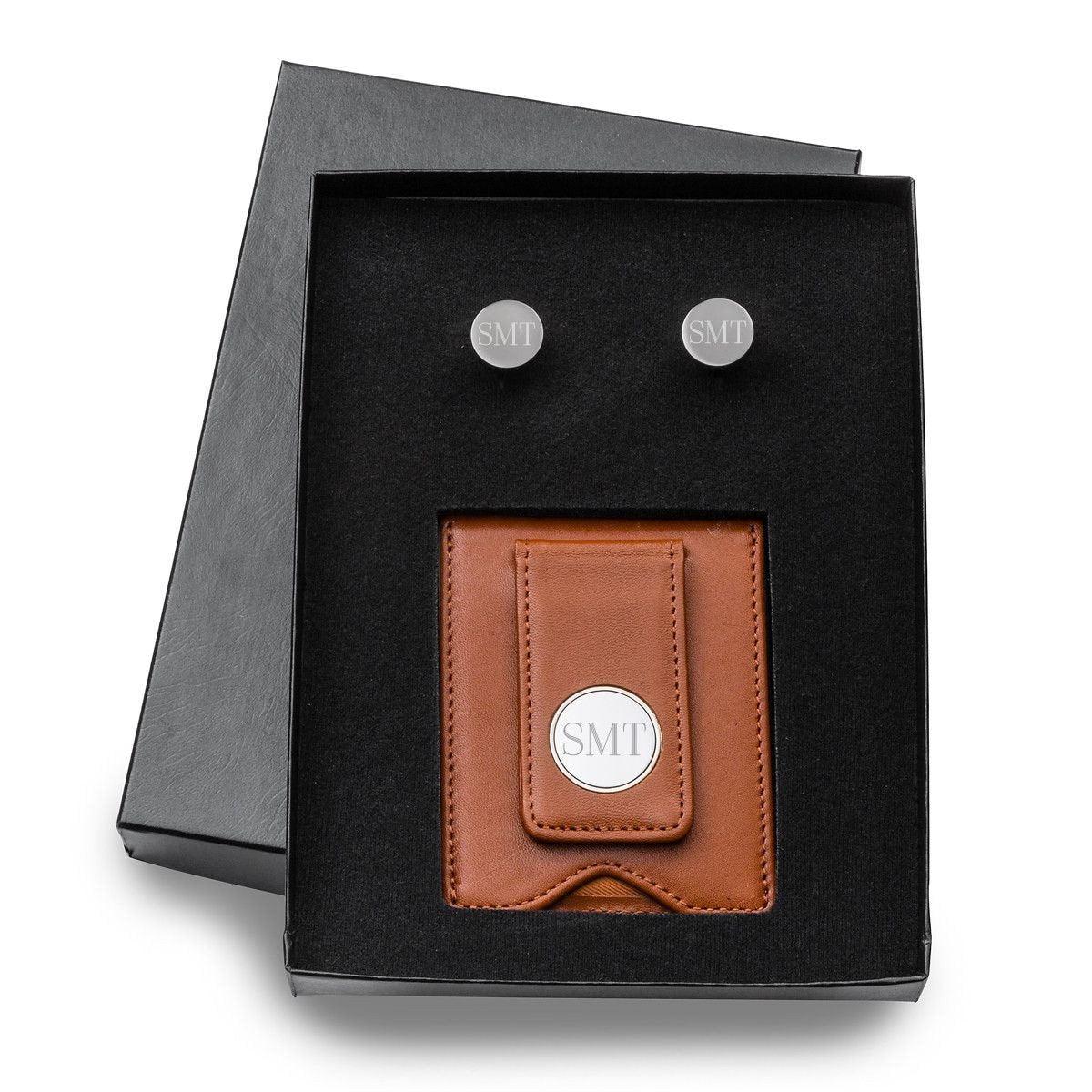Brown Leather Money Clip and Gunmetal Cufflinks Gift Set