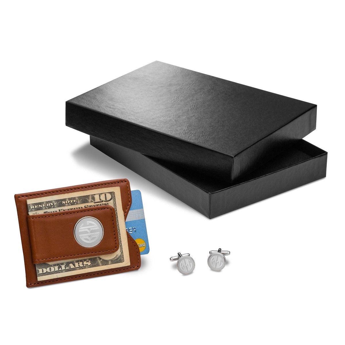 Brown Leather Wallet and Monogram Cufflinks Gift Set