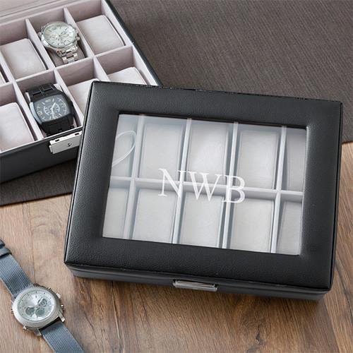 Monogrammed Watch Box - Black Leather - Holds 10 Watches