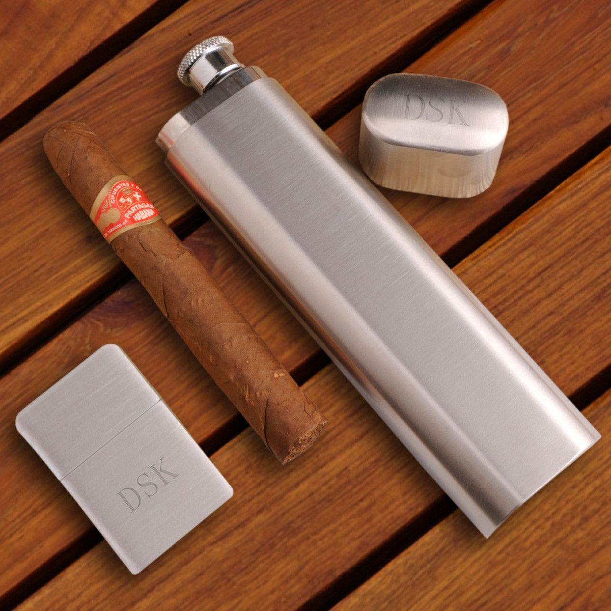 Personalized Flask and Cigar Case - Brushed Silver