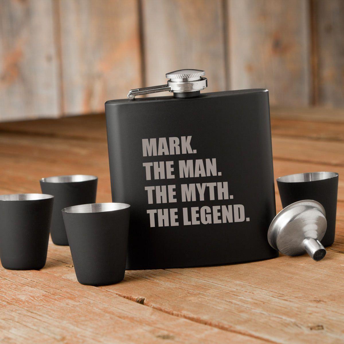 The Man. The Myth. The Legend. Matte Black Flask and Shot Glass Set