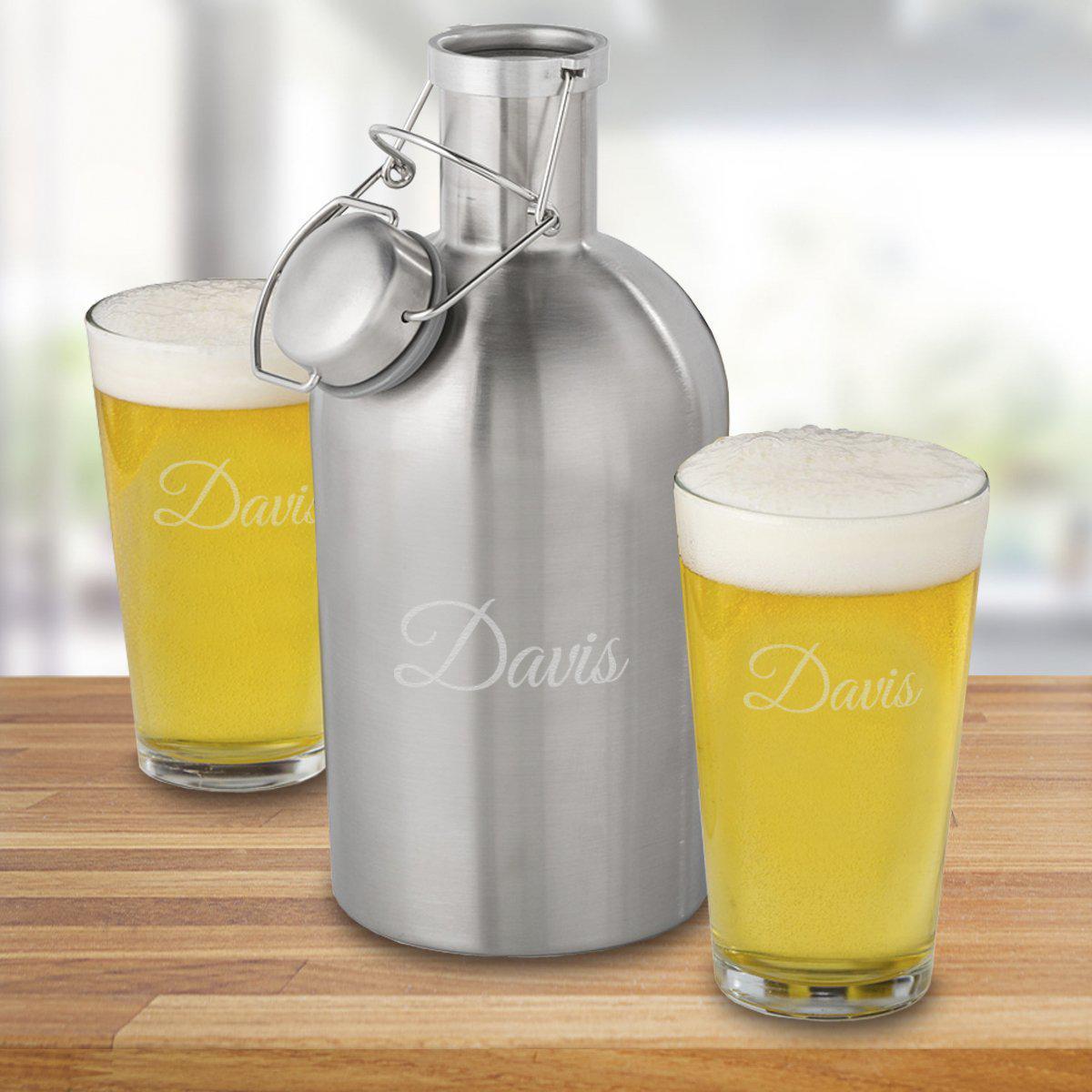 64 oz. Stainless Steel Personalized Growler Set with 2 Pub Glasses