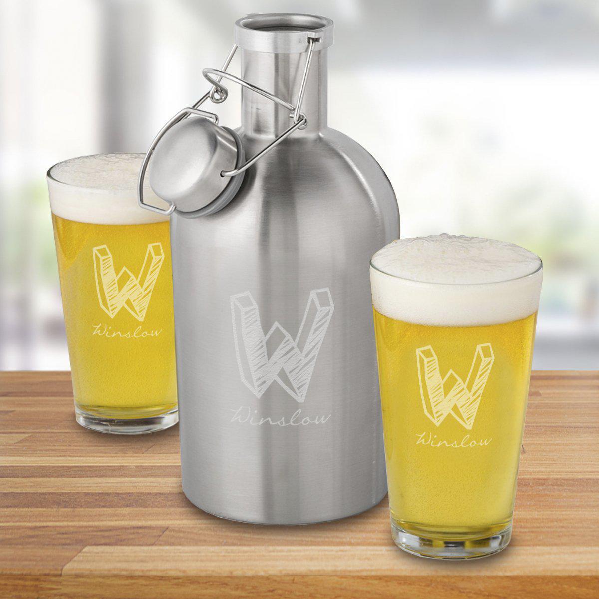 64 oz. Stainless Steel Personalized Growler Set with 2 Pub Glasses