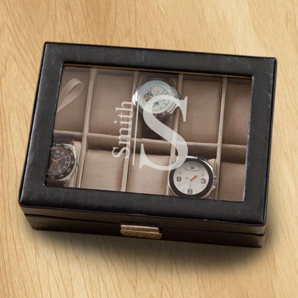 Monogrammed Watch Box - Black Leather - Holds 10 Watches