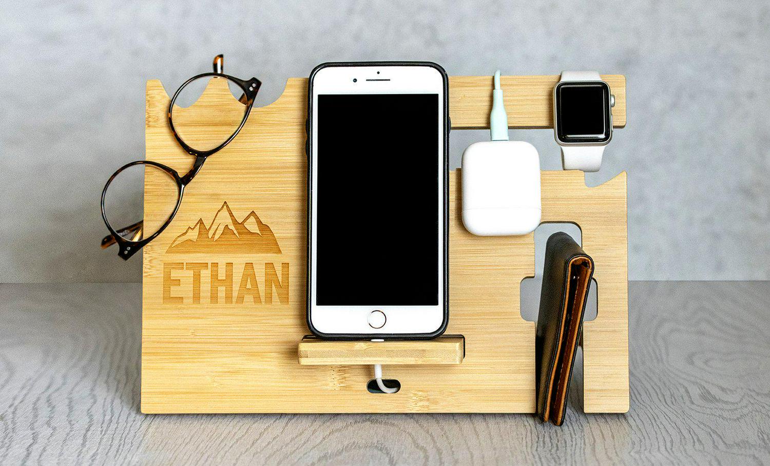 Personalized Bamboo Cell Phone Charging Station and Desk Organizer