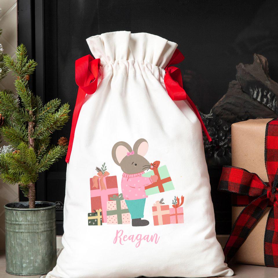 Personalized Drawstring Santa Gift Bags for Girls