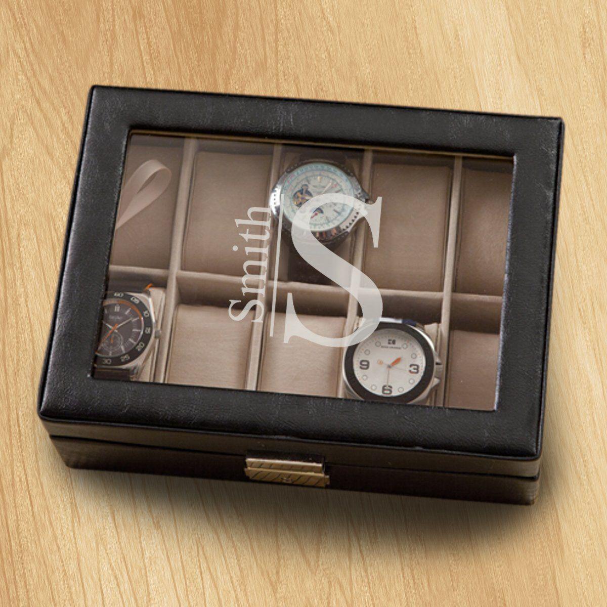 Personalized Leather Watch Box- Black - Monogrammed