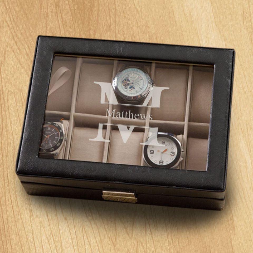 Personalized Leather Watch Box- Black - Monogrammed