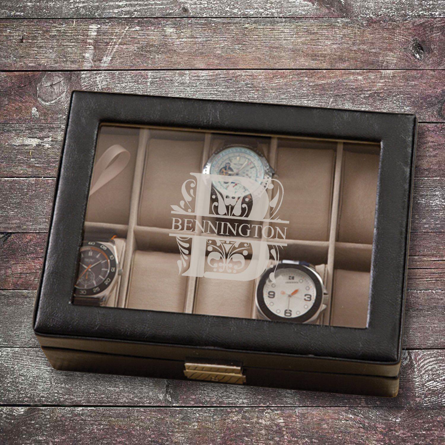 Personalized Leather Watch Box- Black - Monogrammed