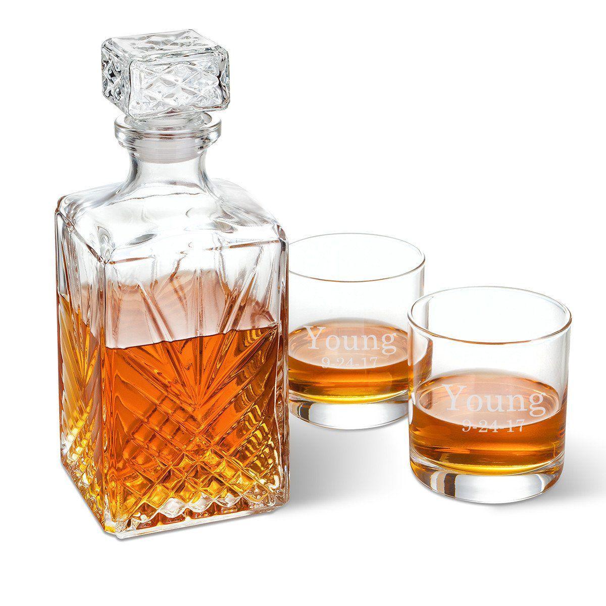 Personalized Square Whiskey Decanter Set with Stopper and 2 Rocks Glasses