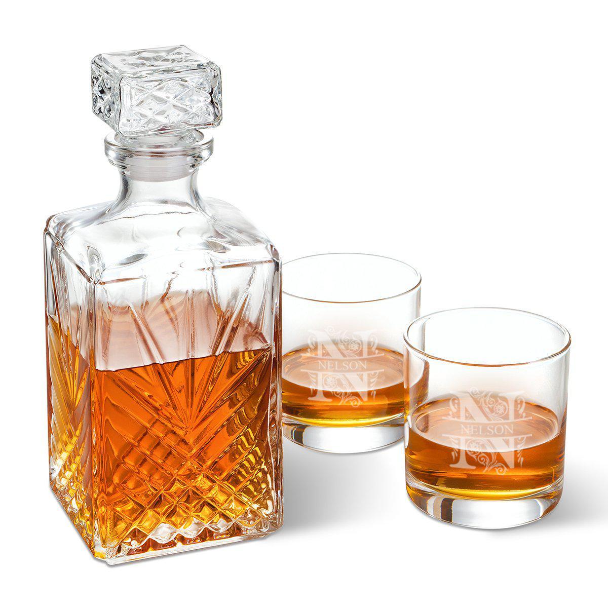 Personalized Square Whiskey Decanter Set with Stopper and 2 Rocks Glasses