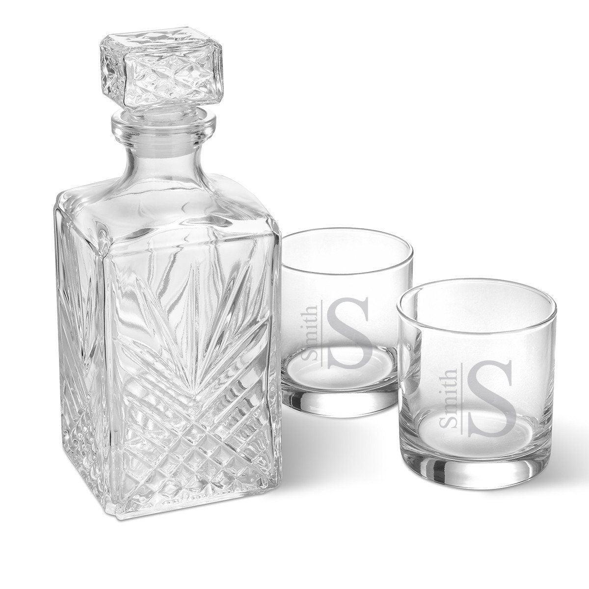 Personalized Square Whiskey Decanter Set with Stopper and 2 Rocks Glasses