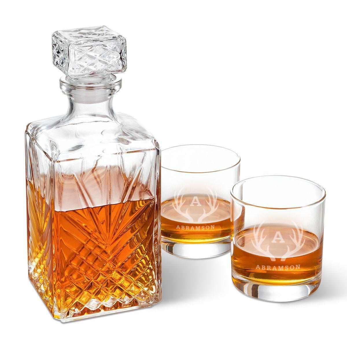 Personalized Square Whiskey Decanter Set with Stopper and 2 Rocks Glasses